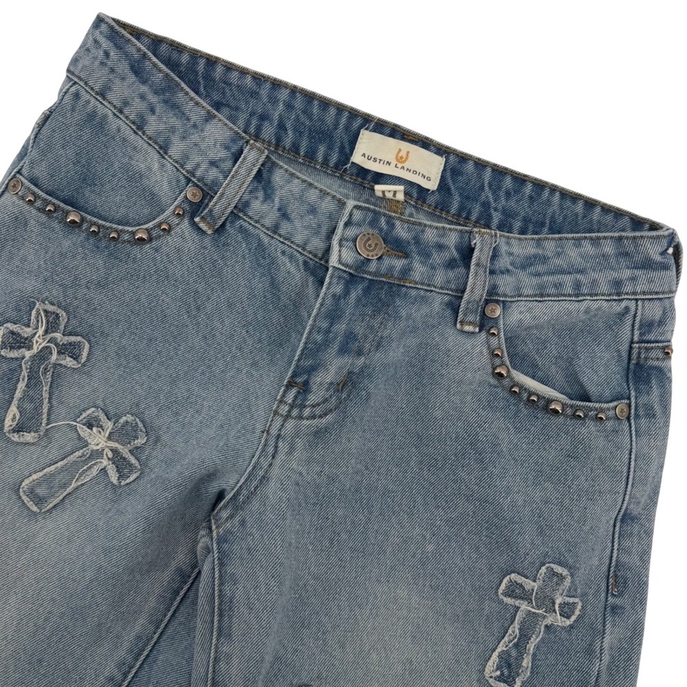 Austin Landing Jeans Womens 0 Cross Patch Studded Straight Leg Raw Hem Denim